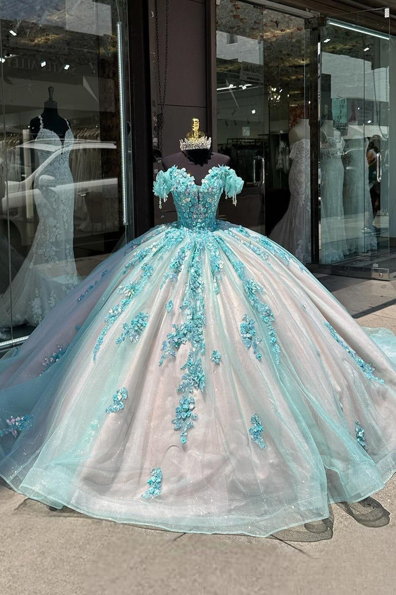 Load image into Gallery viewer, Glitter Green Pink Floral Off The Shoulder Tulle Quinceanera Dress with Appliques