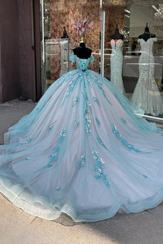 Glitter Green Pink Floral Off The Shoulder Tulle Quinceanera Dress with Appliques