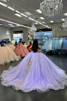 Load image into Gallery viewer, Corset Appliques Lilac Tulle Off The Shoulder Long Ball Gown with Sequins