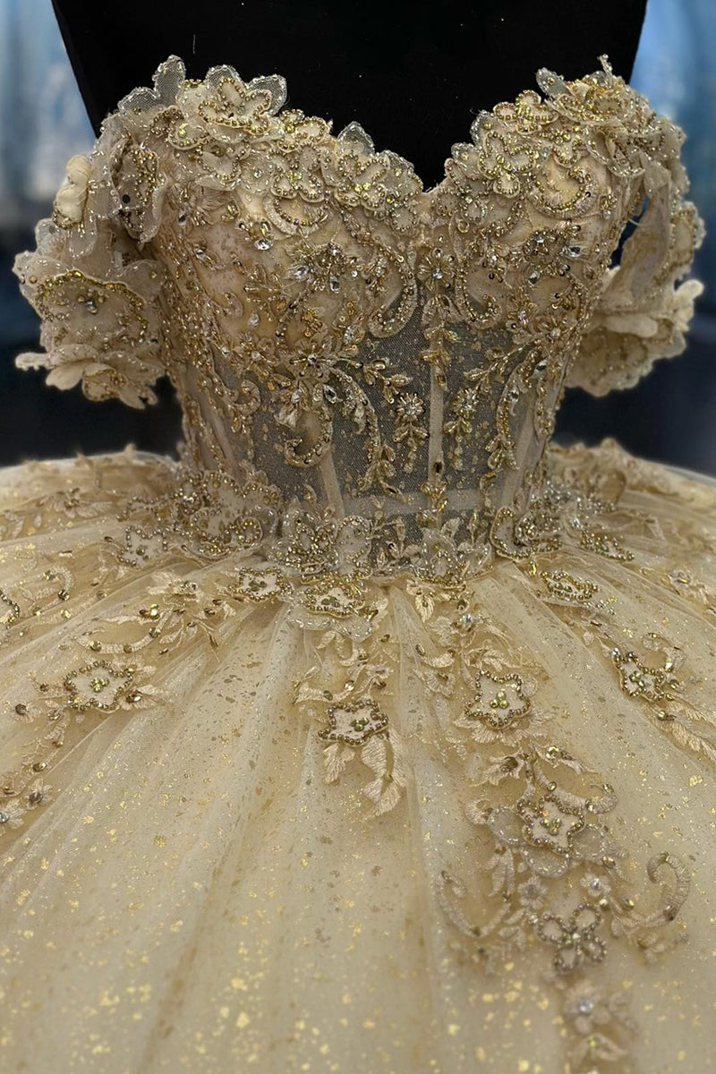 Load image into Gallery viewer, Sparkly Yellow Off The Shoulder Sequined Tulle Corset Ball Gown with Appliques
