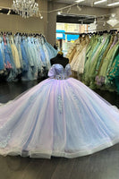 Load image into Gallery viewer, Blue Lilac Off The Shoulder Appliques Long Quinceanera Dress with Sequined