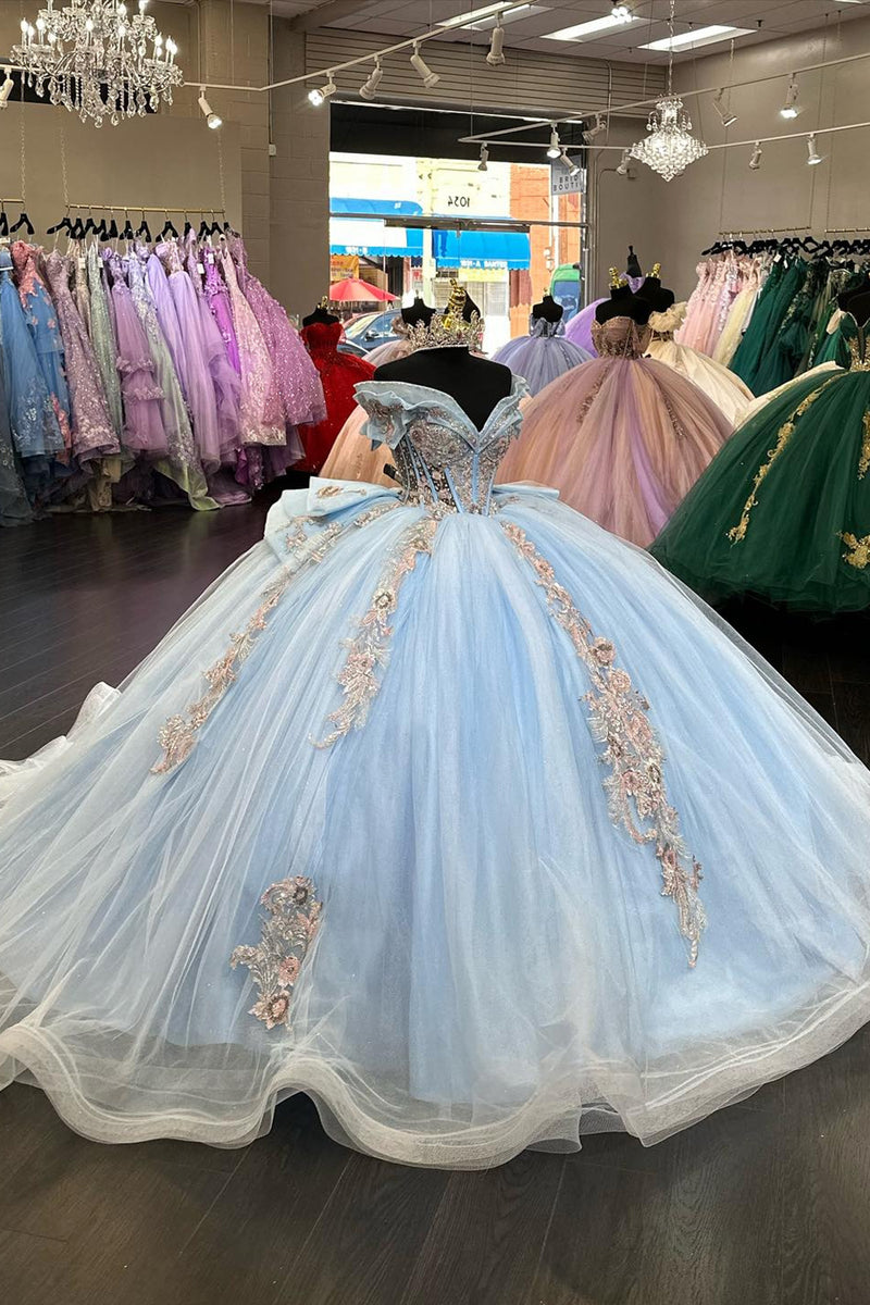 Load image into Gallery viewer, Blue Off The Shoulder Sequined Appliques Quinceanera Dress with Bow