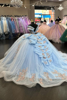 Blue Off The Shoulder Sequined Appliques Quinceanera Dress with Bow