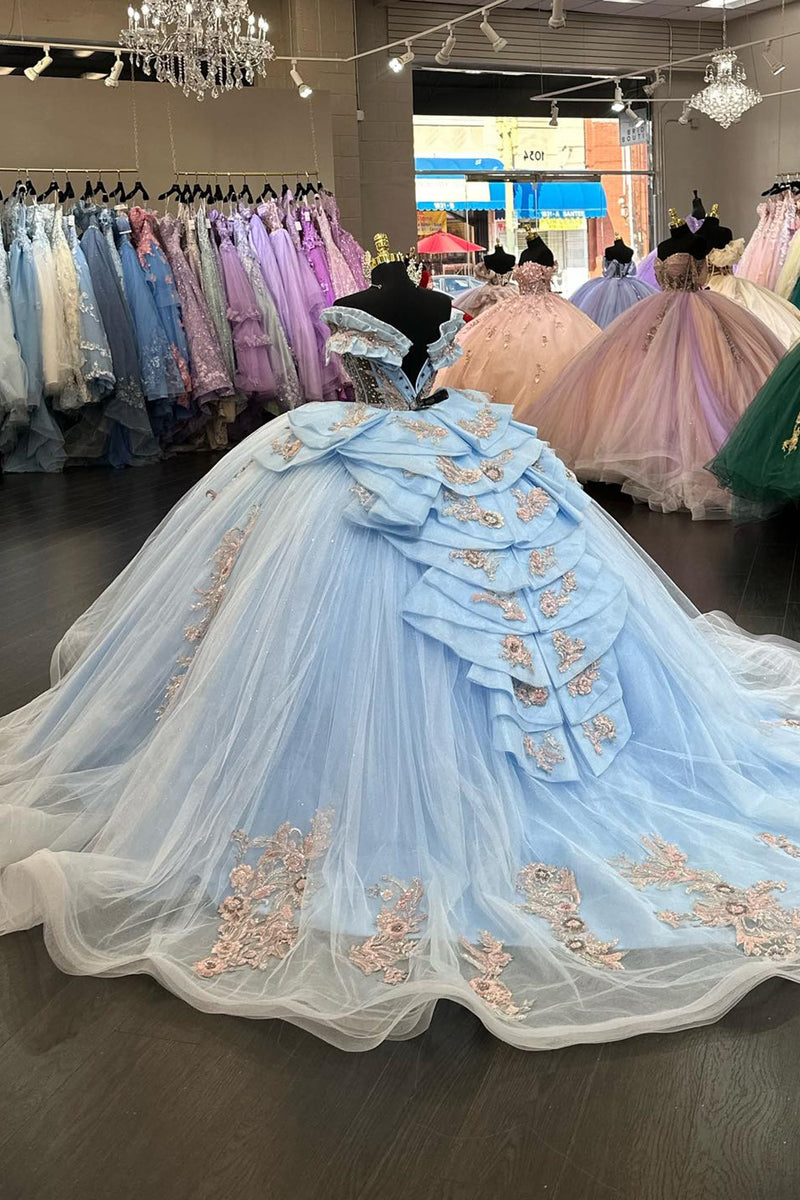 Load image into Gallery viewer, Blue Off The Shoulder Sequined Appliques Quinceanera Dress with Bow