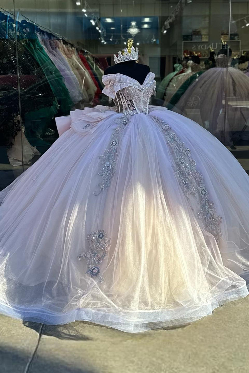 Load image into Gallery viewer, Blue Off The Shoulder Sequined Appliques Quinceanera Dress with Bow