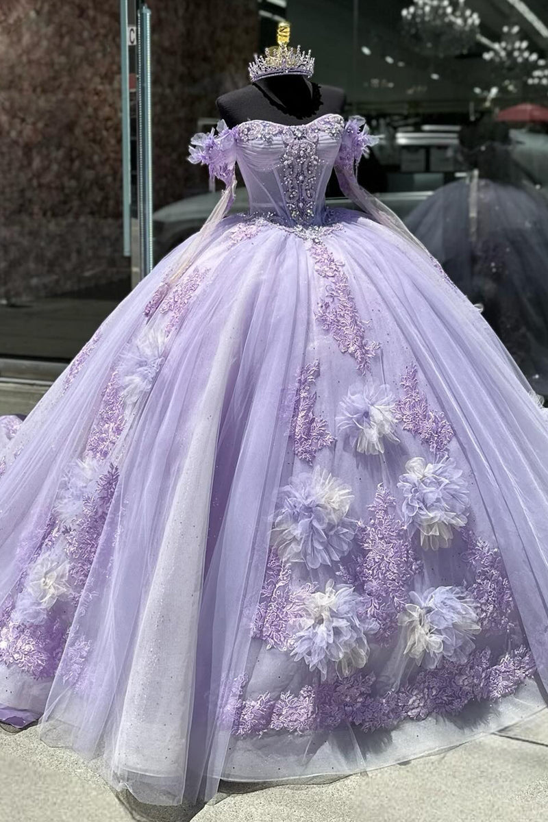 Load image into Gallery viewer, Off The Shoulder Lilac Floral Tulle Corset Quinceanera Dress with Appliques