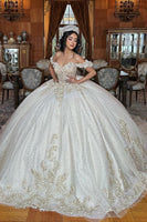 Load image into Gallery viewer, Off The Shoulder White Golden Tulle Quinceanera Dress with Appliques