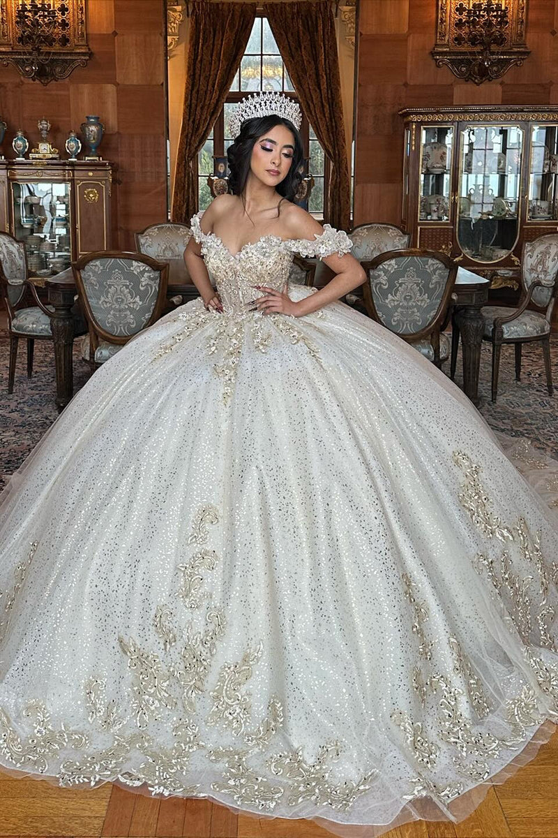 Load image into Gallery viewer, Off The Shoulder White Golden Tulle Quinceanera Dress with Appliques
