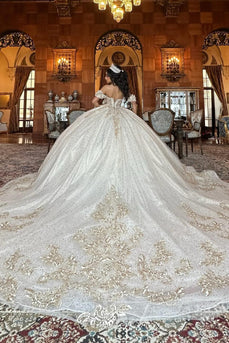 Off The Shoulder White Golden Tulle Quinceanera Dress with Appliques