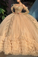 Load image into Gallery viewer, Sparkly Champange Off The Shoulder Appliques Sequined Quinceanera Dress with Ruffles
