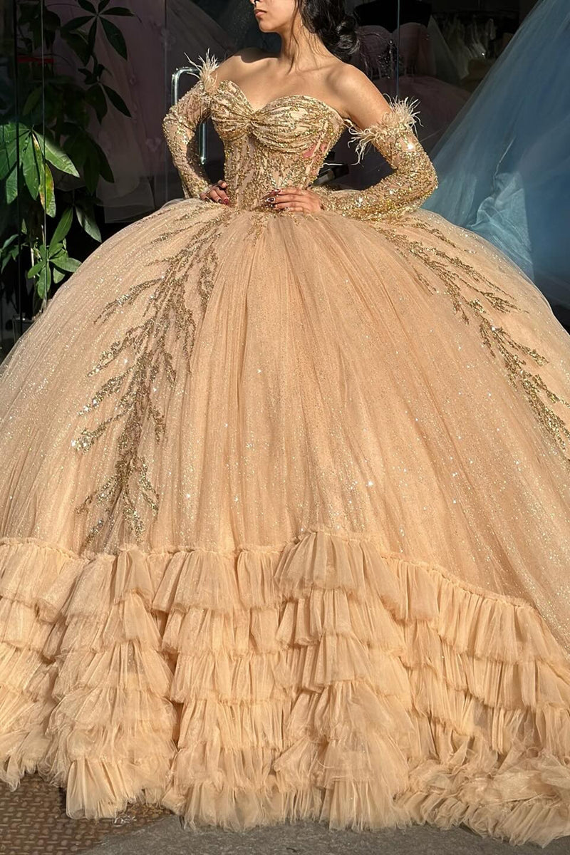 Load image into Gallery viewer, Sparkly Champange Off The Shoulder Appliques Sequined Quinceanera Dress with Ruffles