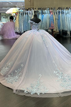 Blue Lilac Sparkly Off The Shoulder Beaded Quinceanera Dress with Appliques