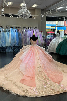 Glitter Pink Golden Off The Shoulder Corset Quinceanera Dress with Appliques