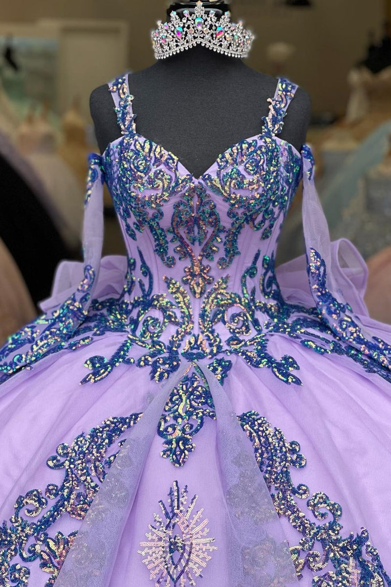 Load image into Gallery viewer, Sparkly Purple Spaghetti Straps Sequined Appliques Ball Gown with Bow