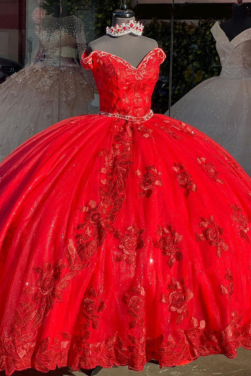 Load image into Gallery viewer, Sparkly Red Off The Shoulder Sequined Tulle Long Quinceanera Dress with Appliques