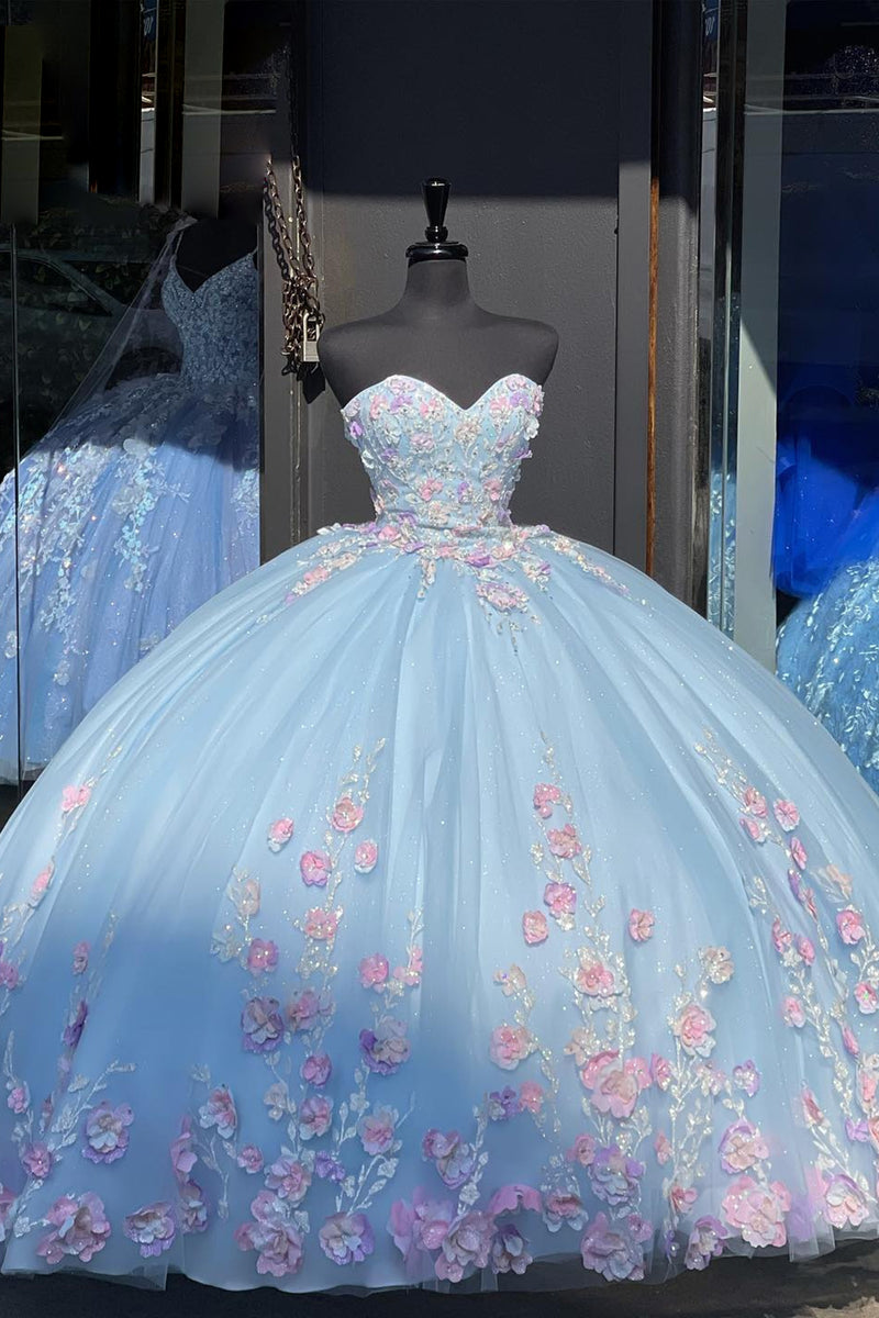 Load image into Gallery viewer, Sparkly Blue Lilac Sweetheart Sequined Floral Ball Gown with Appliques
