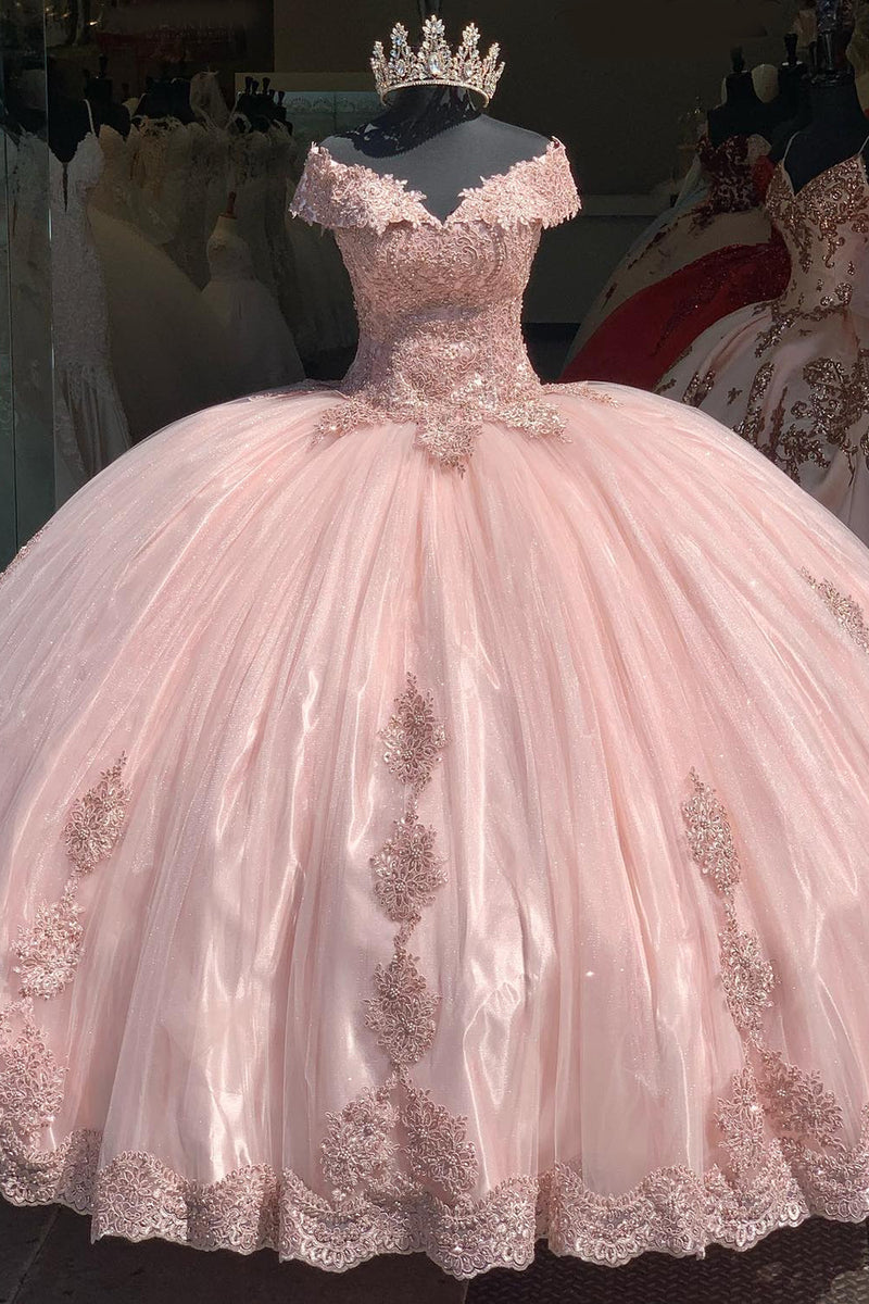 Load image into Gallery viewer, Sparkly Blush V Neck Ruffles Beaded Long Ball Gown with Appliques