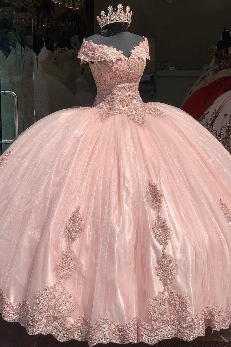 Load image into Gallery viewer, Sparkly Blush V Neck Ruffles Beaded Long Ball Gown with Appliques