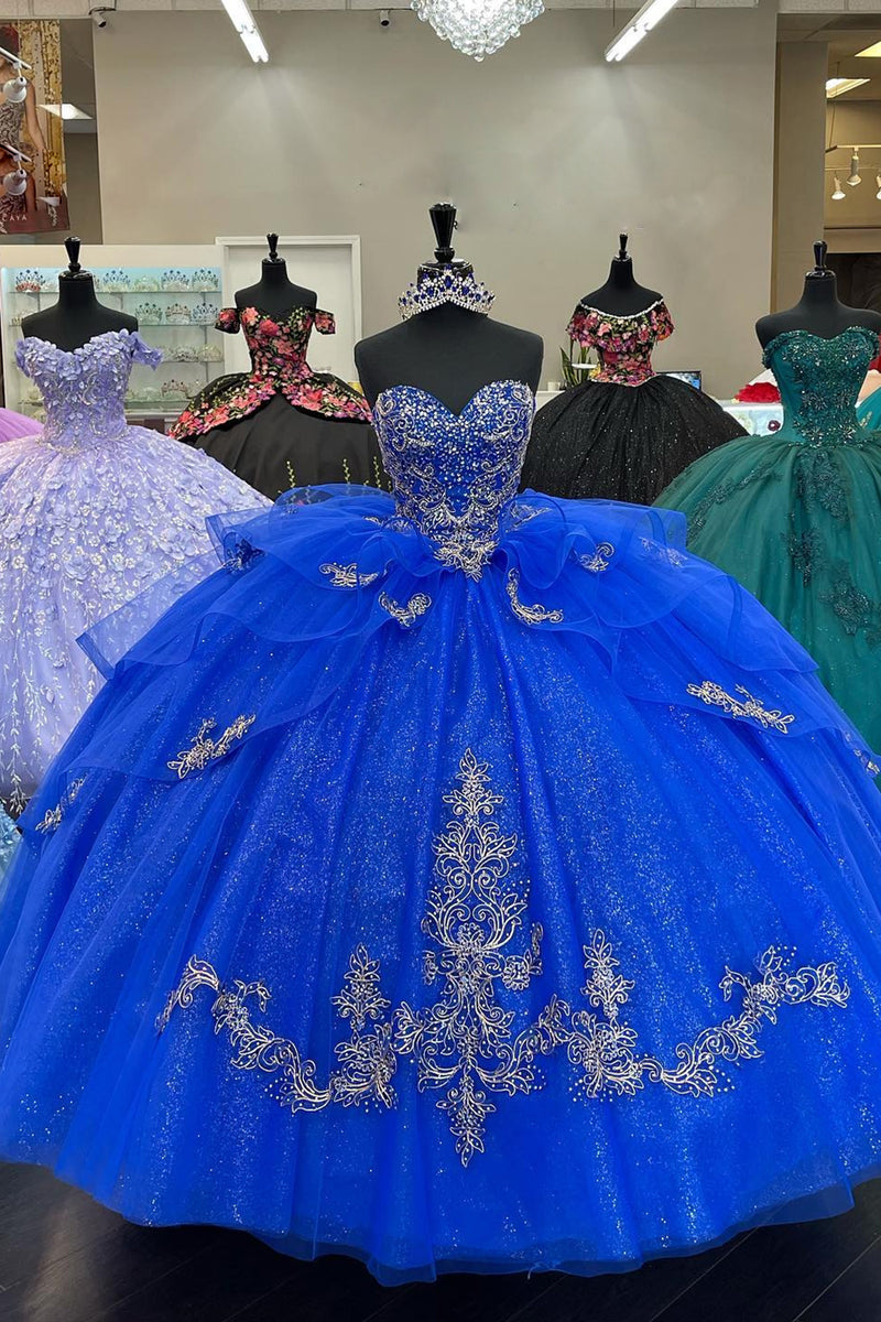 Load image into Gallery viewer, Glitter Royal Blue Sweetheart Appliques Beaded Quinceanera Dress with Ruffles