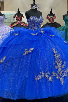 Glitter Royal Blue Sweetheart Appliques Beaded Quinceanera Dress with Ruffles