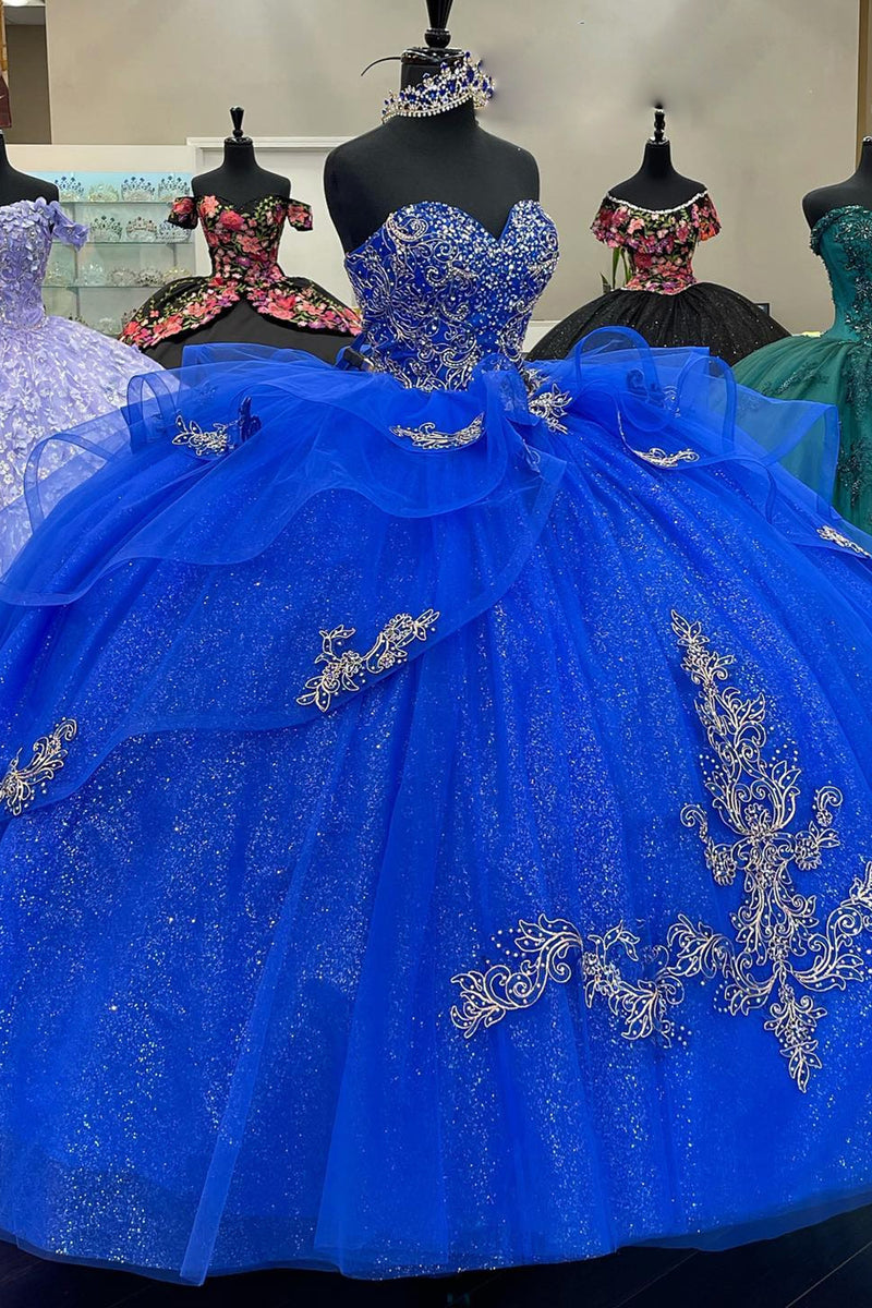 Load image into Gallery viewer, Glitter Royal Blue Sweetheart Appliques Beaded Quinceanera Dress with Ruffles