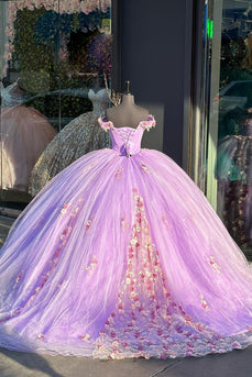 Sparkly Lilac Off the Shoulder Floral Ruffles Sequined Quinceanera Dress