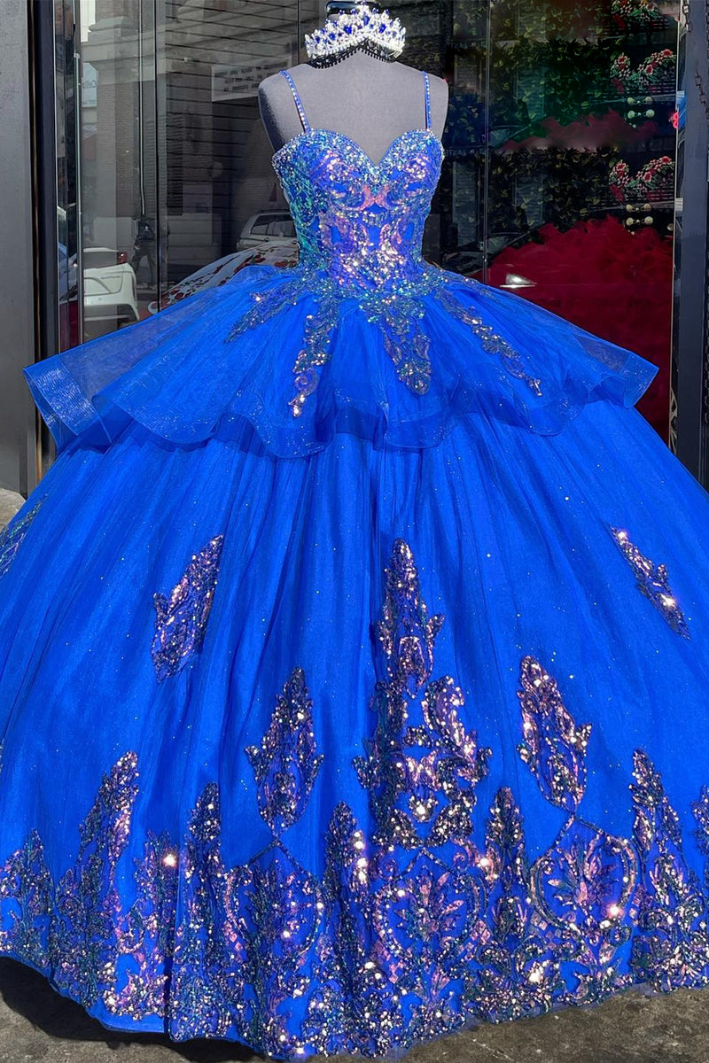 Load image into Gallery viewer, Sparkly Royal Blue Spaghetti Straps Appliques Sequined Ball Gown with Ruffles