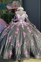 Load image into Gallery viewer, Sweetheart Sparkly Black Sequined Long Ball Gown with Pink Appliques
