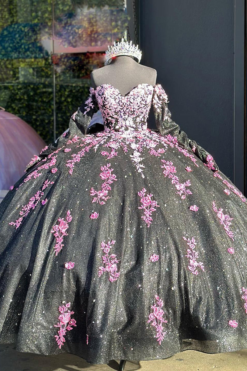 Load image into Gallery viewer, Sweetheart Sparkly Black Sequined Long Ball Gown with Pink Appliques