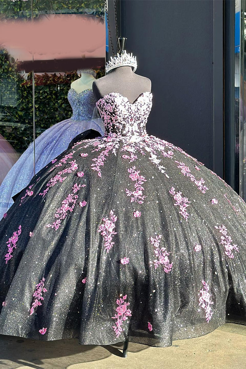 Load image into Gallery viewer, Sweetheart Sparkly Black Sequined Long Ball Gown with Pink Appliques