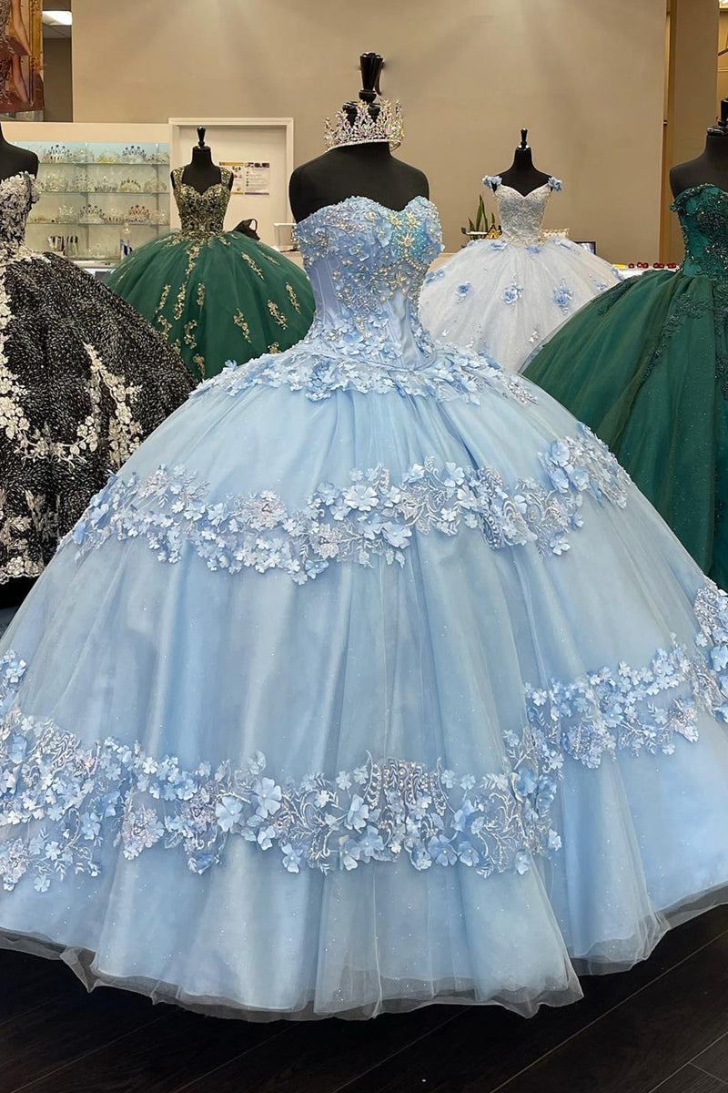 Load image into Gallery viewer, Light Blue Strapless Corset Tulle Long Quinceanera Dress with Appliques