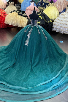 Strapless Dark Green Corset Tulle Quinceanera Dress with Appliques