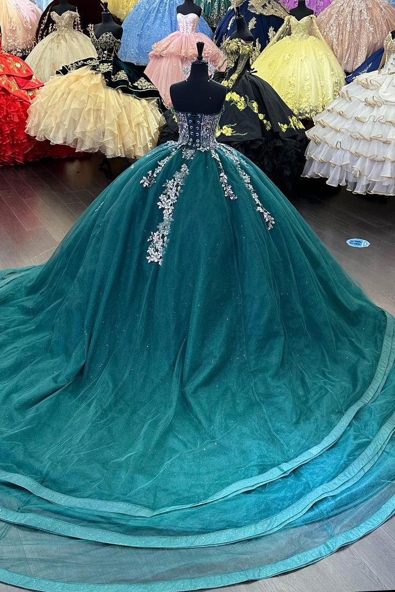 Load image into Gallery viewer, Strapless Dark Green Corset Tulle Quinceanera Dress with Appliques
