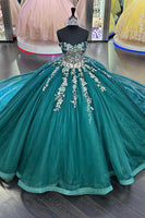 Load image into Gallery viewer, Strapless Dark Green Corset Tulle Quinceanera Dress with Appliques