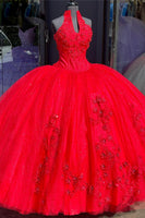Load image into Gallery viewer, Halter Neck Sparkly Red Sweetheart Appliques Quinceanera Dress with Sequined