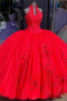 Halter Neck Sparkly Red Sweetheart Appliques Quinceanera Dress with Sequined