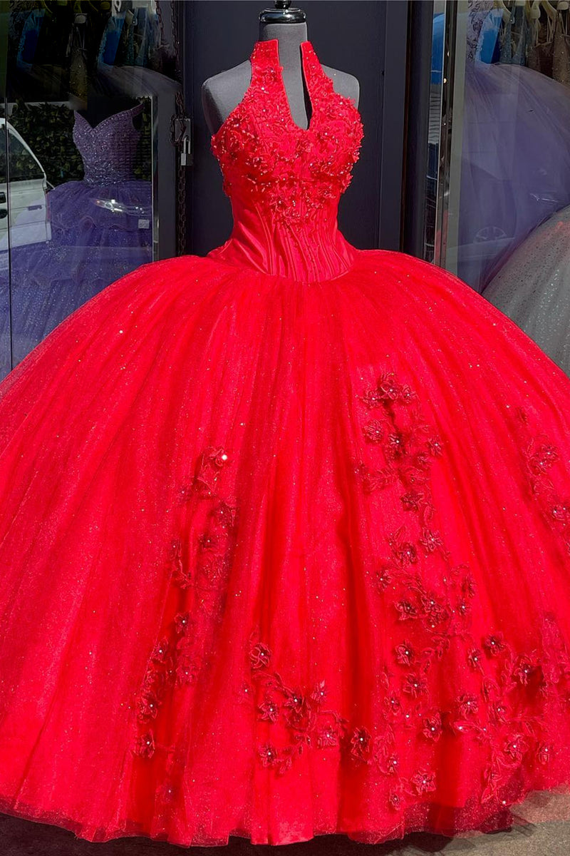 Load image into Gallery viewer, Halter Neck Sparkly Red Sweetheart Appliques Quinceanera Dress with Sequined