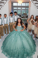 Load image into Gallery viewer, Green Off the Shoulder Corset Tulle Quinceanera Dress with Appliques