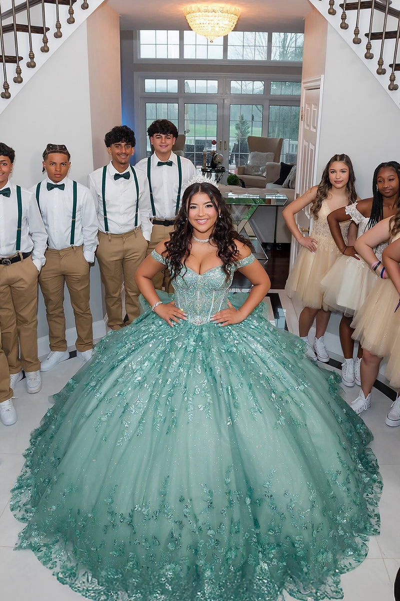 Load image into Gallery viewer, Green Off the Shoulder Corset Tulle Quinceanera Dress with Appliques