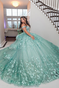 Green Off the Shoulder Corset Tulle Quinceanera Dress with Appliques