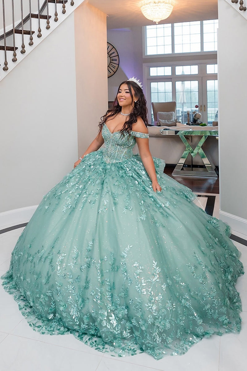 Load image into Gallery viewer, Green Off the Shoulder Corset Tulle Quinceanera Dress with Appliques