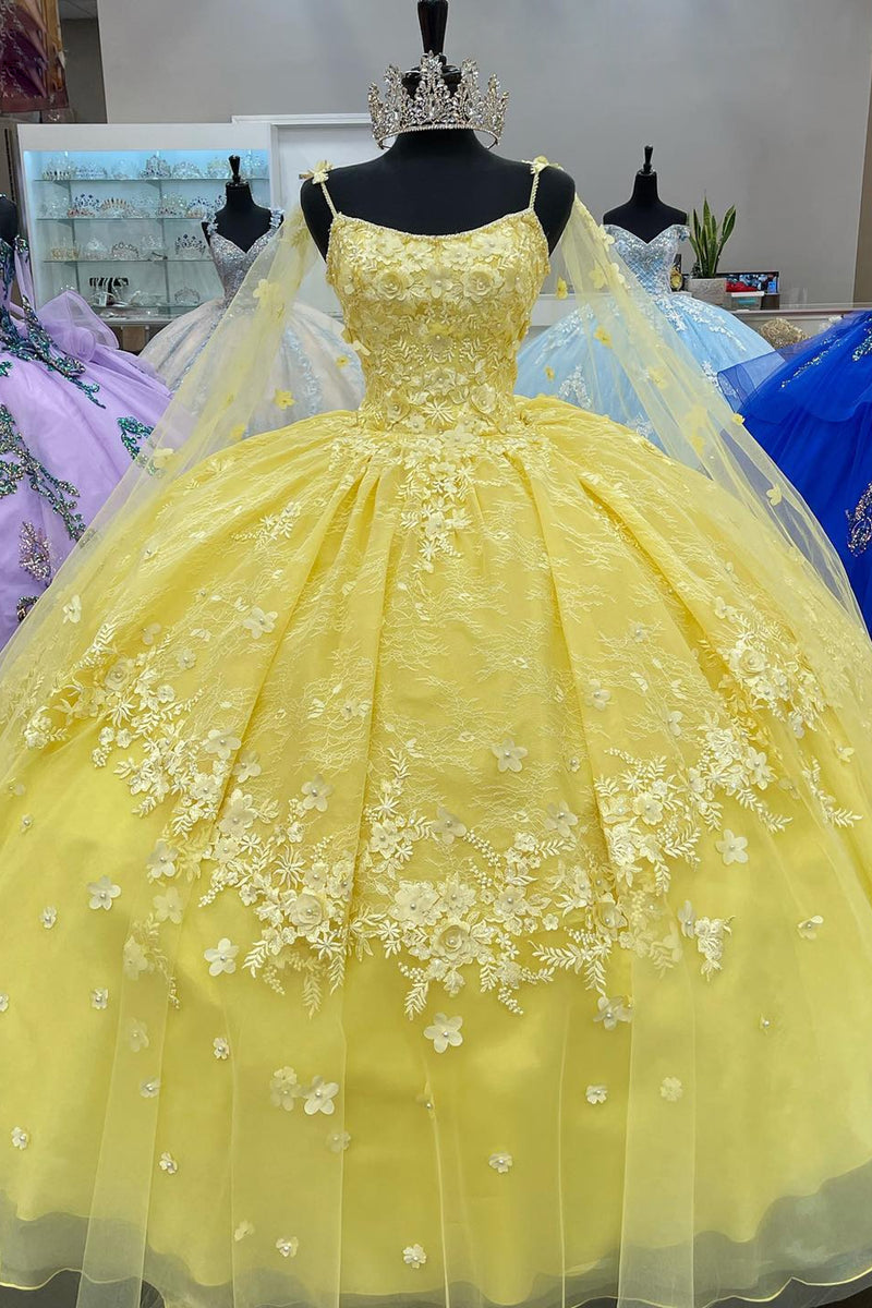 Load image into Gallery viewer, Spaghetti Straps Yellow Tulle Corset Ball Gown with Appliques