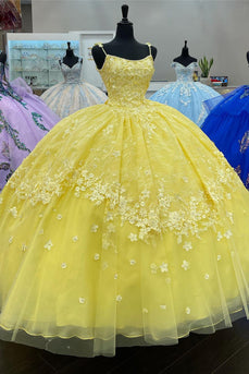 Spaghetti Straps Yellow Tulle Corset Ball Gown with Appliques