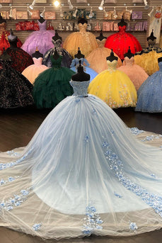 Light Blue Strapless Tulle Long Quinceanera Dress with Appliques