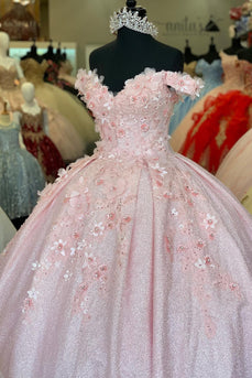 Glitter Pink Off The Shoulder Sequined Appliques Long Quinceanera Dress