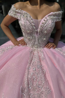 Sparkly Pink Off The Shoulder Long Quinceanera Dress with Rhinestones