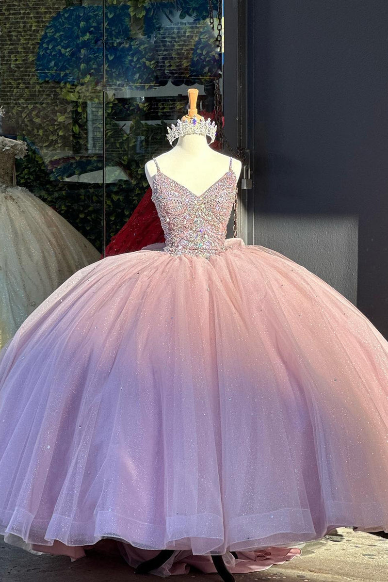 Load image into Gallery viewer, Spaghetti Straps Pink Glitter Appliques Long Ball Gown with Bow