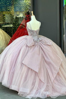 Spaghetti Straps Pink Glitter Appliques Long Ball Gown with Bow