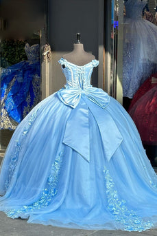 Sparkly Blue Appliques Off The Shoulder Tulle Quinceanera Dress with Beaded
