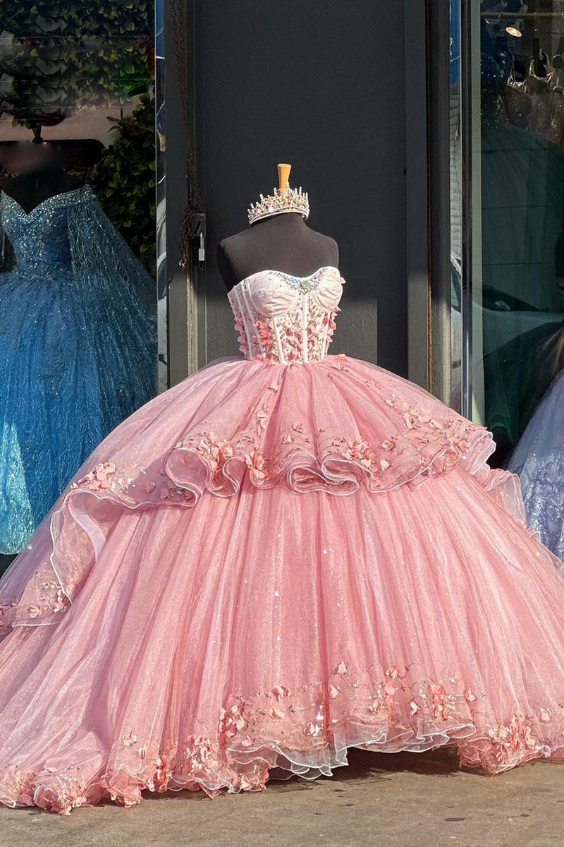 Load image into Gallery viewer, Tiered Tulle Pink Strapless Corset Quinceanera Dress with Ruffles
